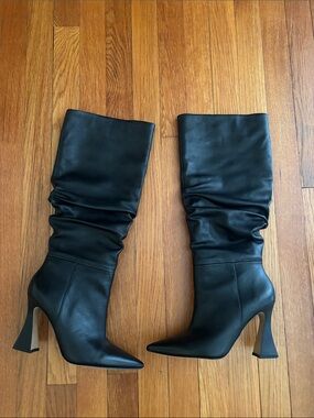 Vince Camuto Black Slouchy Pointed-Toe High Heel Mid-Calf Boots